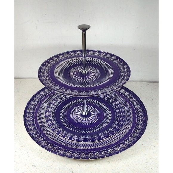 Argent Handmade Purple Silver Glass 2 Tier Serving Tray Stand Made in Turkey - Picture 1 of 15